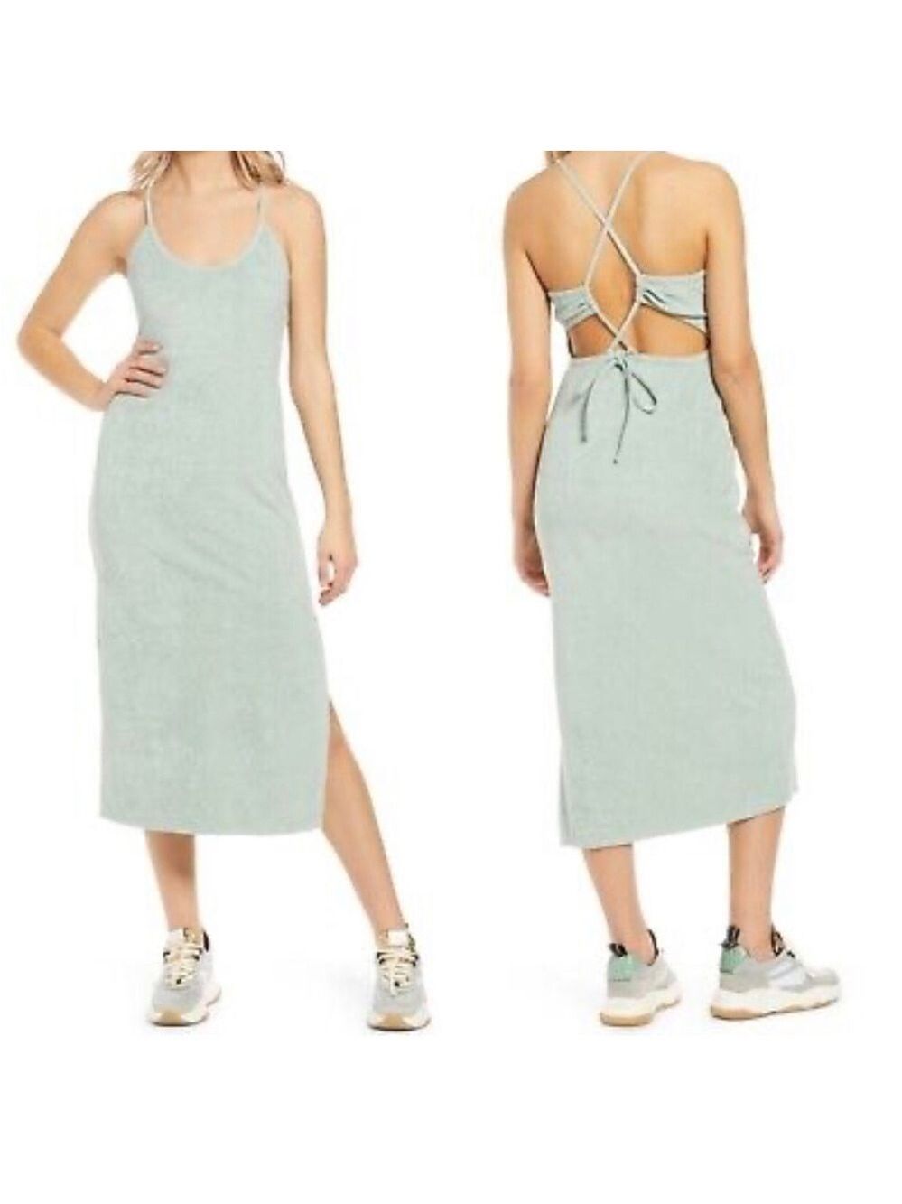 Wayf SAGE Winona TERRY CLOTH Lace-Up Back MIDI Beach SLIT DRESS L